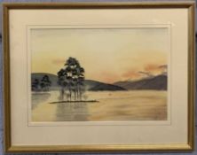 British, contemporary, lakeside view with distant, mountainous ranges, watercolour, indistinctly