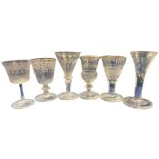 Group of six various wine glasses in 18th Century style, some with engraved designs together with