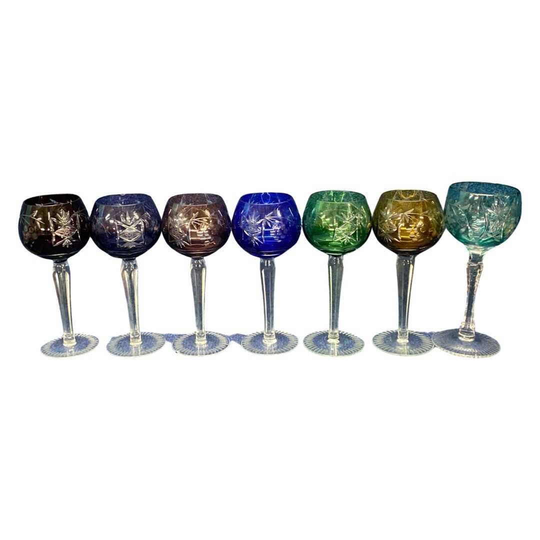 Quantity of wine glasses all with coloured bowls and engraved in Bohemian style (7)