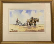 Maurice J.Bush (Dutch, 20th century), ploughing with Shire horses, watercolour and ink, signed,