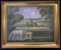 Geoffrey E. Mortimer (British, 20th century) a grazing horse and foal, oil on board, 21x16ins