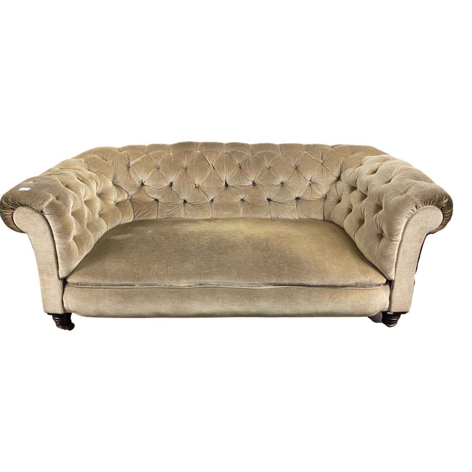 Late 19th/early 20th Century mushroom upholstered Chesterfield sofa, 180cm wide, worn condition - Image 2 of 2