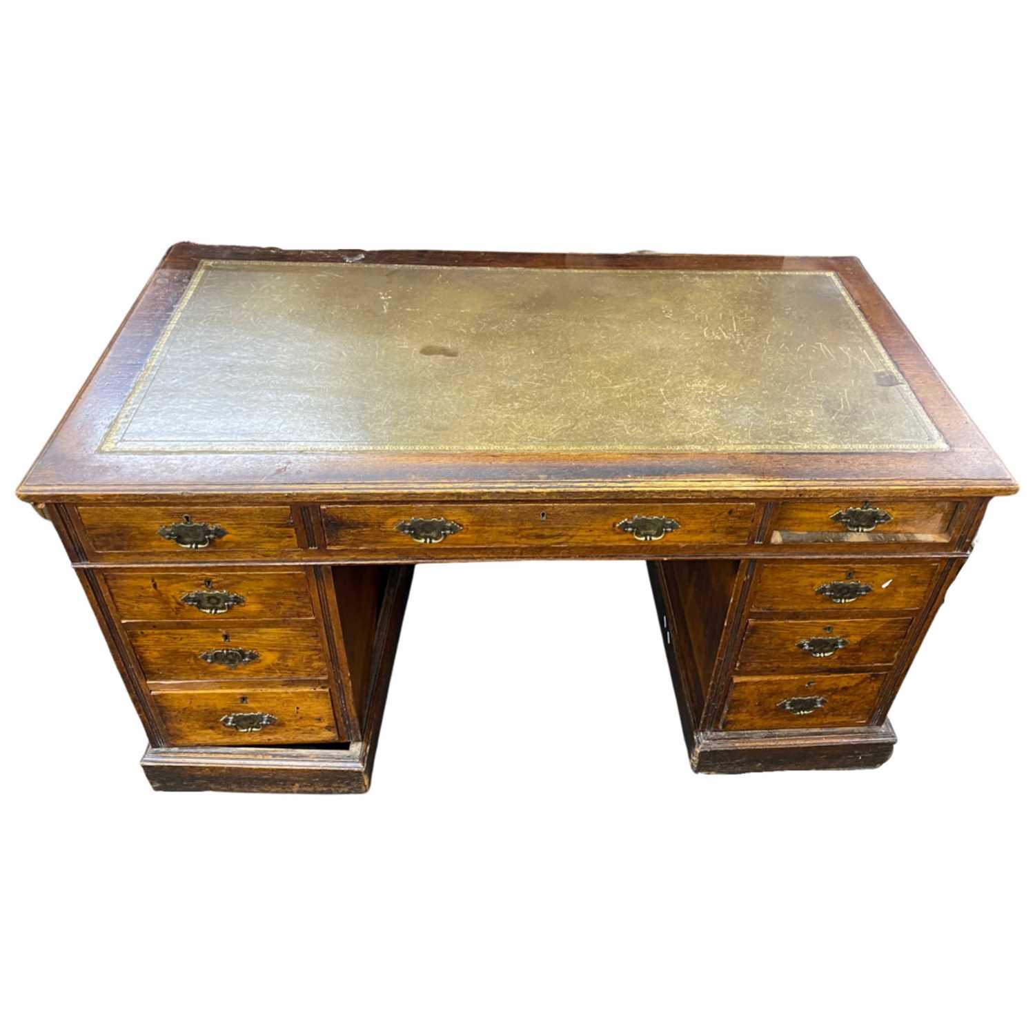 Late Victorian oak twin pedestal desk with leather inset writing surface and nine drawers, 138cm - Image 2 of 2