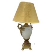 20th Century brass mounted opaque glass table lamp with shade, total height 64cm