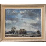 British school (mid-20th Century), rural landscape with distant buildings, impasto oil on board,