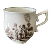 Worcester porcelain bowl shaped cup with tau handle and black printed decoration of milk maids (