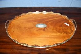 20th Century oval silver plate and mahogany double handled serving tray originally purchased from
