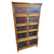 Minty oak lead glazed bookcase cabinet formed of five sections, 90cm wide