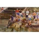 Raymond Leech (British, 20th Century), "Crabbing by the Lock", watercolour and pencil, signed,