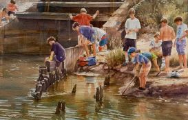 Raymond Leech (British, 20th Century), "Crabbing by the Lock", watercolour and pencil, signed,