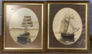 British School, 20th century, a pair of sailing ship scenes, watercolour and acrylic, oval mount,