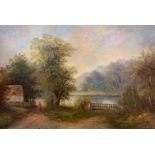 British school (late 19th / early 20th century), a lone figure walking towards a cottage in a
