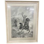 Boer War print of cavalry, initialled 'B.F' to lower right, lithograph, mounted, 20x14ins, framed