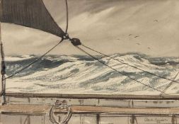 Claude Muncaster (British 1903-1974), Watercolour of breaking swell waves from the upper deck of a