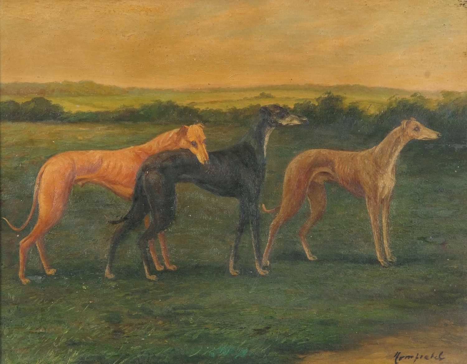 After Maud Earl (British-American, 1863-1943), Greyhounds in a landscape, oil on board, indistinctly - Image 3 of 3
