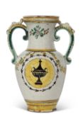 Italian Maiolica two handled vase late 17th Century, decorated with floral sprays and central
