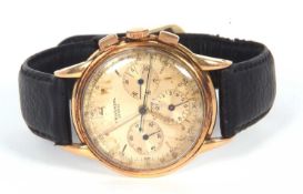 Vintage gents Universal Geneve, yellow metal chronographed wrist watch, stamped 18k inside the