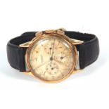 Vintage gents Universal Geneve, yellow metal chronographed wrist watch, stamped 18k inside the