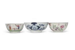 Three 18th Century English porcelain tea bowls, blue and white Liverpool example and two