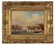 Dutch School 19th century, figures on a frozen river, boats to sides and houses to each side, oil on