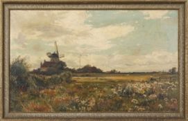 A. W. Harrison, East Anglian Landscape of a windmill and cottage overlooking fields, oil on
