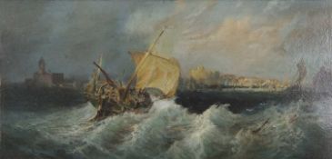 Follower of François-Etienne Musin (Belgian, 1820-1888), A fishing boat in heavy seas heads for