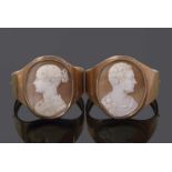 Pair of early Victorian shell cameo gold bracelets, the hinged bracelet features a shell cameo