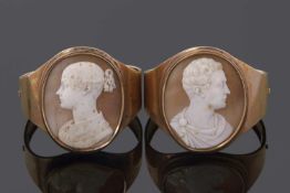 Pair of early Victorian shell cameo gold bracelets, the hinged bracelet features a shell cameo