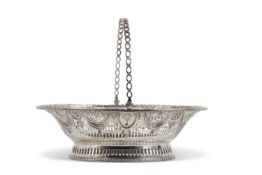 Heavy quality George V cake basket in Adam style, oval shaped, heavily pierced and embossed with
