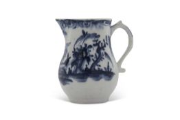 Rare early Lowestoft sparrow beak jug circa 1762 decorated in dark tones of blue with the boy on the