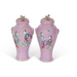 Pair of 19th Century Chinese porcelain vases, the pink ground finely enameled with birds in branches