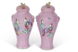 Pair of 19th Century Chinese porcelain vases, the pink ground finely enameled with birds in branches