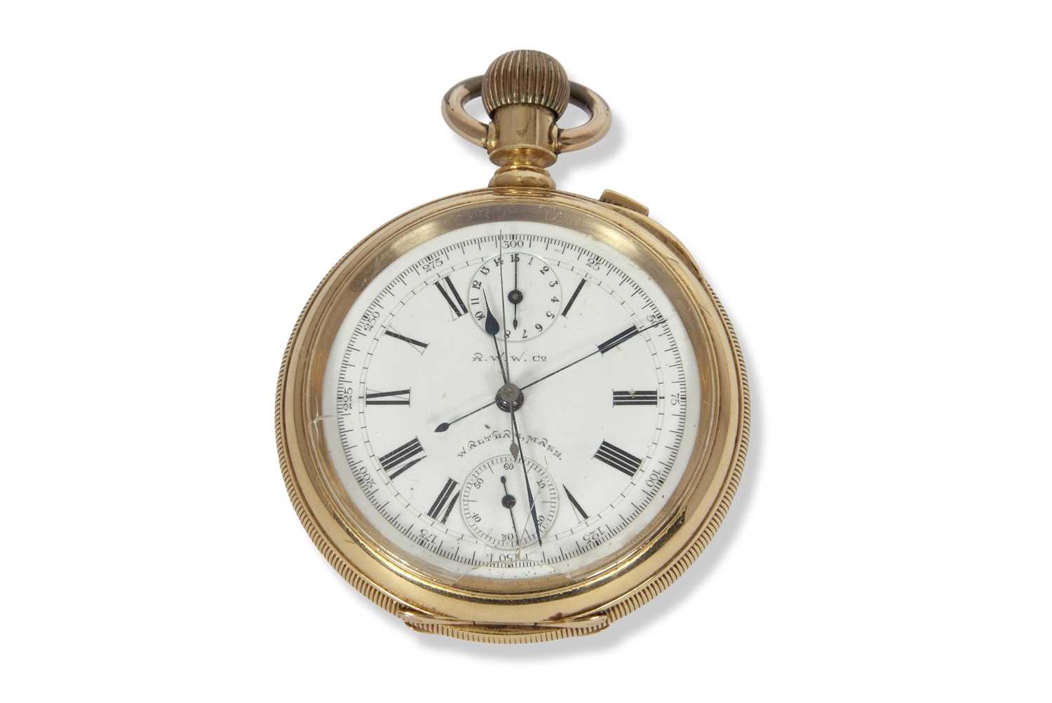 Waltham yellow metal chronograph pocket watch stamped 18k in the case back, it has a white enamel