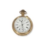 Waltham yellow metal chronograph pocket watch stamped 18k in the case back, it has a white enamel