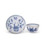 Miniature Bow porcelain blue and white tea bowl and saucer, circa 1760 (hairline to saucer)