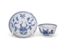 Miniature Bow porcelain blue and white tea bowl and saucer, circa 1760 (hairline to saucer)