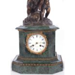 A good quality19th century French clock garniture, the clock set in a green marble case mounted with