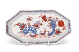 Rare Lowestoft porcelain spoon tray with polychrome design of the two bird pattern in redgrave