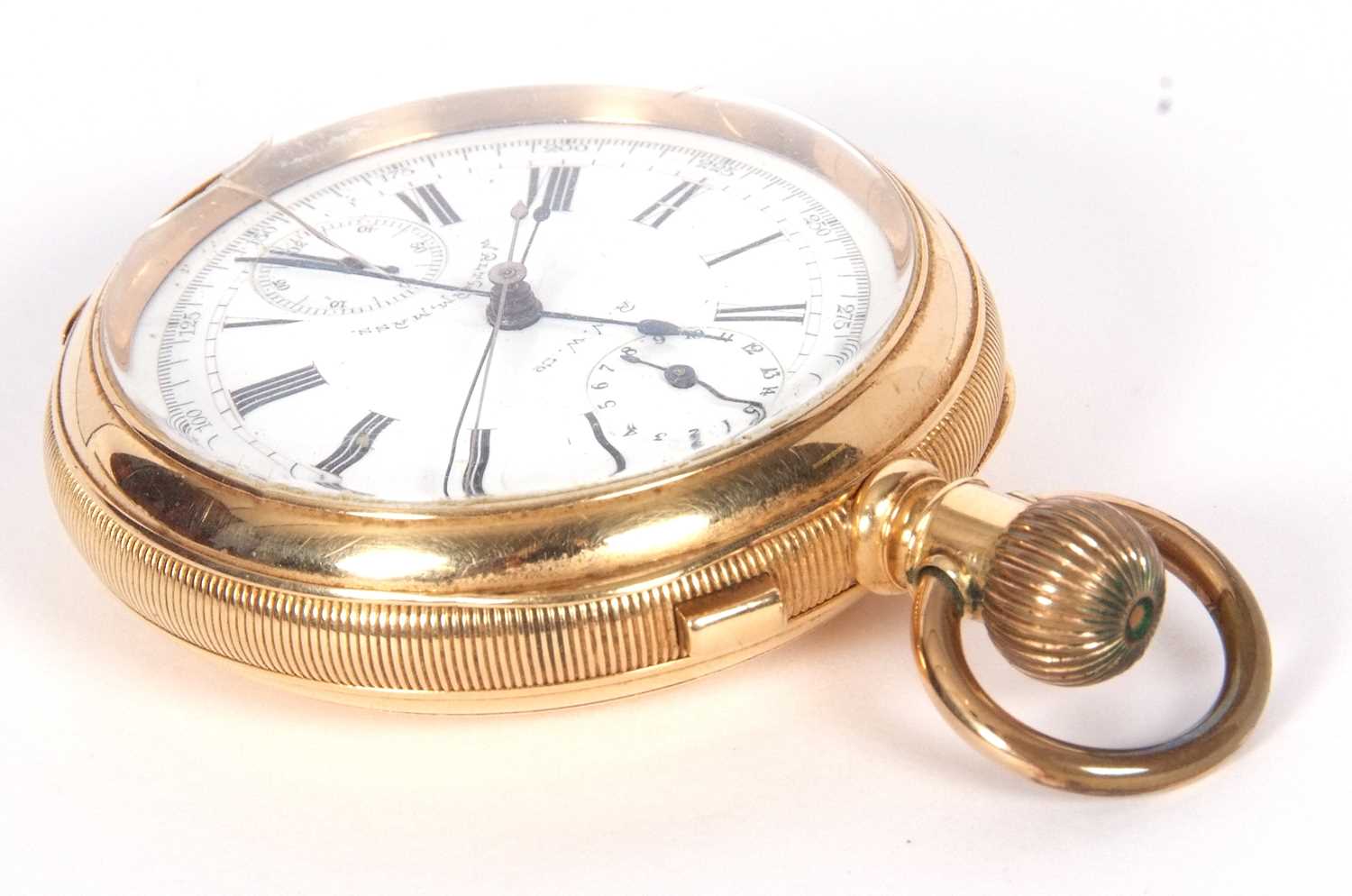 Waltham yellow metal chronograph pocket watch stamped 18k in the case back, it has a white enamel - Image 3 of 7