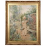 Alfred Augustus Glendening Jr (British, 1861-1907) a watercolour of a lady in a garden picking