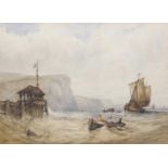 William Callow RWS (British, 1812-1908), Ships off the coast and figures rowing ashore, watercolour,