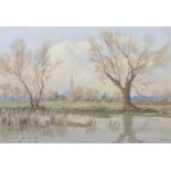 British School, 20th Century, Landscape with Norwich Cathedral in the distance, watercolour,