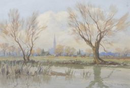 British School, 20th Century, Landscape with Norwich Cathedral in the distance, watercolour,