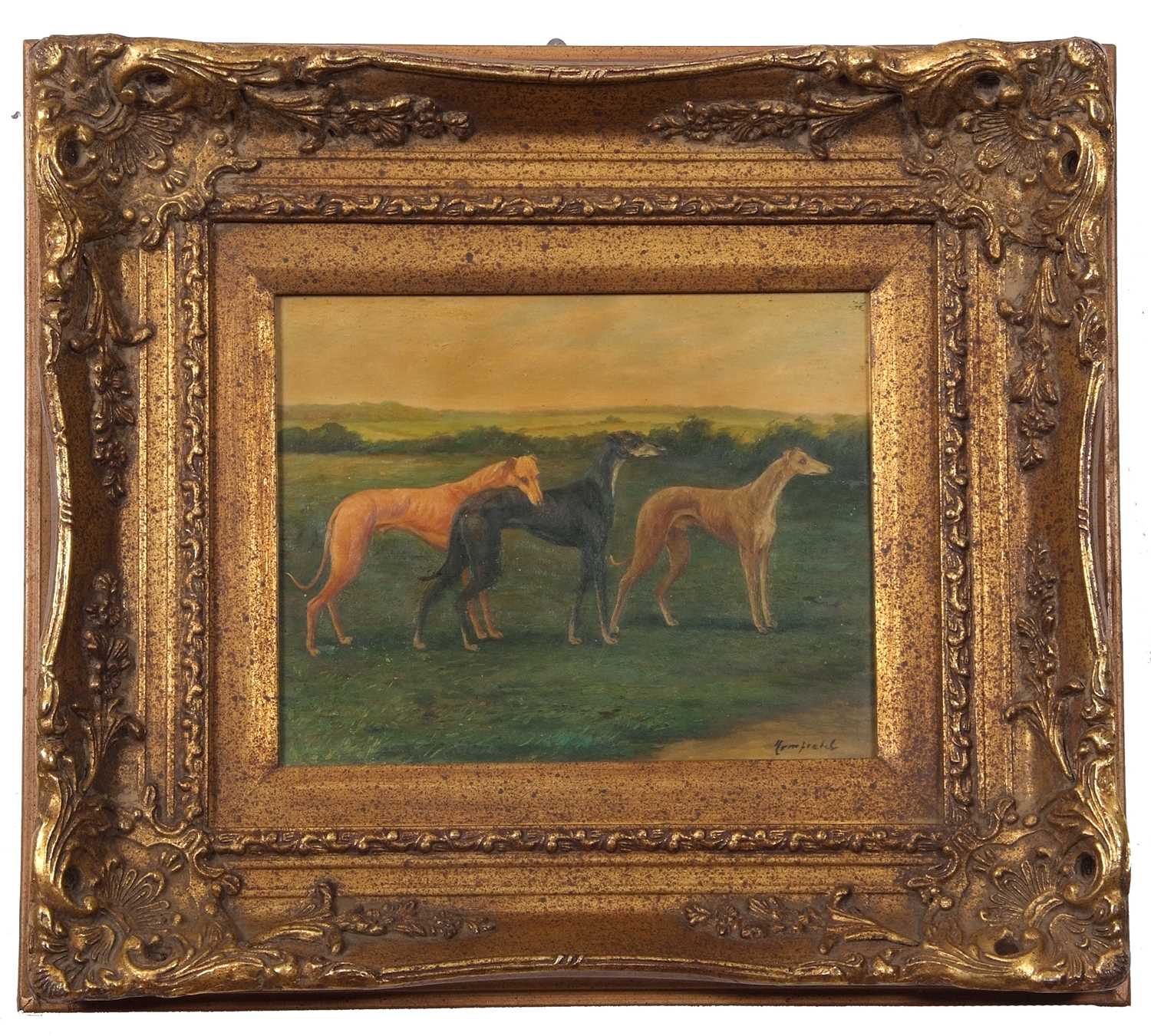 After Maud Earl (British-American, 1863-1943), Greyhounds in a landscape, oil on board, indistinctly - Image 2 of 3