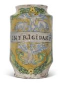 Italian Maiolica jar possibly Faenza, decorated with mythical beasts in blue surrounded by fruit and