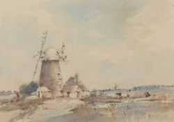 Arthur E. Davies RBA RCA (British,1893-1988), Norfolk Mill, watercolour and ink, signed.10.5x19ins.