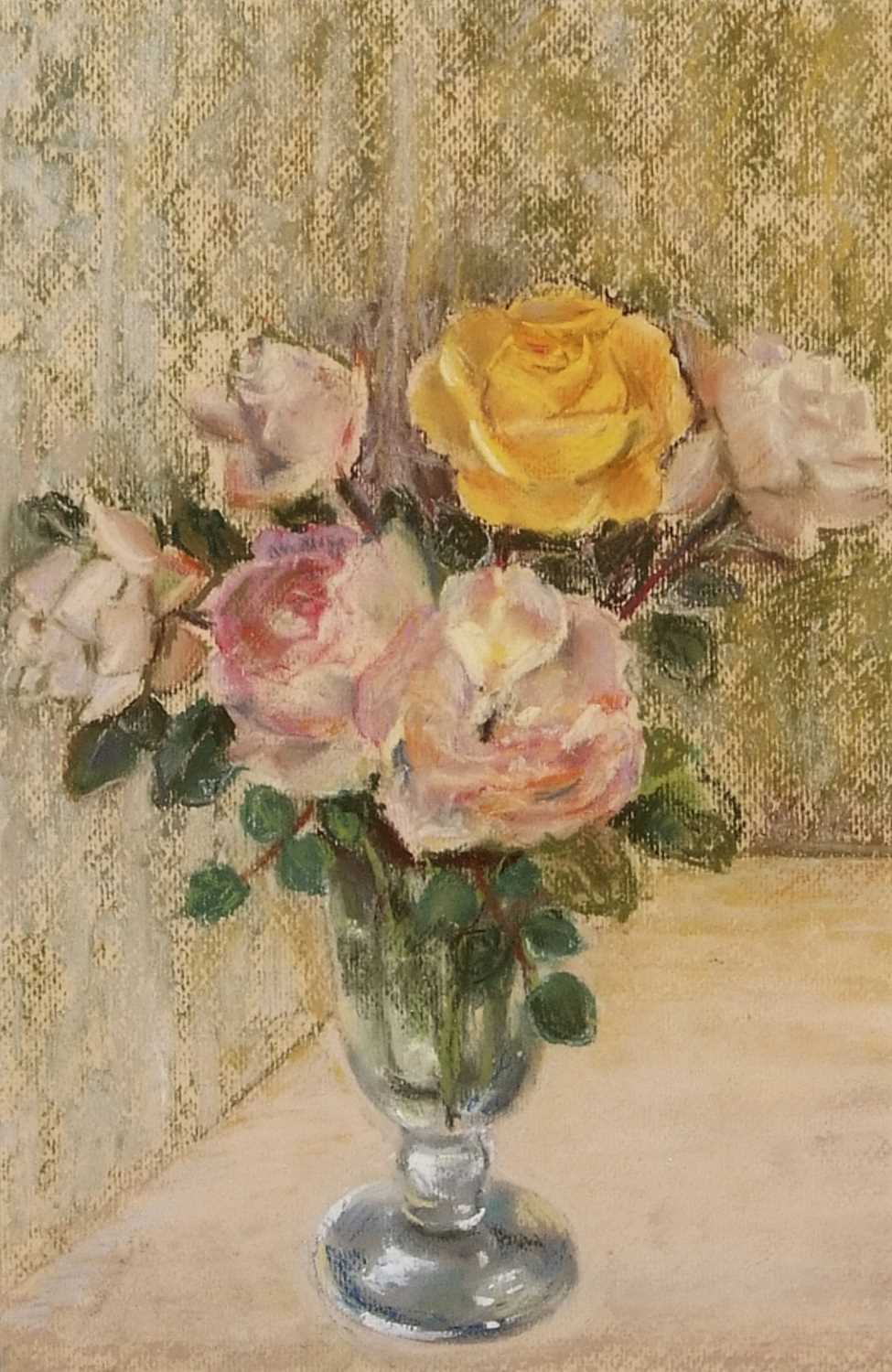 Violeta Maslarova (Bulgarian, 1925-2006) 'Yellow Roses', pastel on laid paper, 14x10ins.