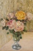 Violeta Maslarova (Bulgarian, 1925-2006) 'Yellow Roses', pastel on laid paper, 14x10ins.