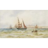 Aubrey Ramus (British, 1900-1930), Coastal scene with tall ships and a rowing boat in the