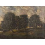 Robert Mallett (British, active 1867-1950), Norfolk landscape, children fishing under a band of